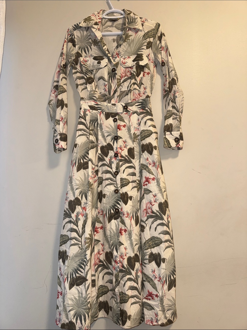 Massimo Dutti Cream Maxi Dress with Green Leaf and Pink Floral Print
